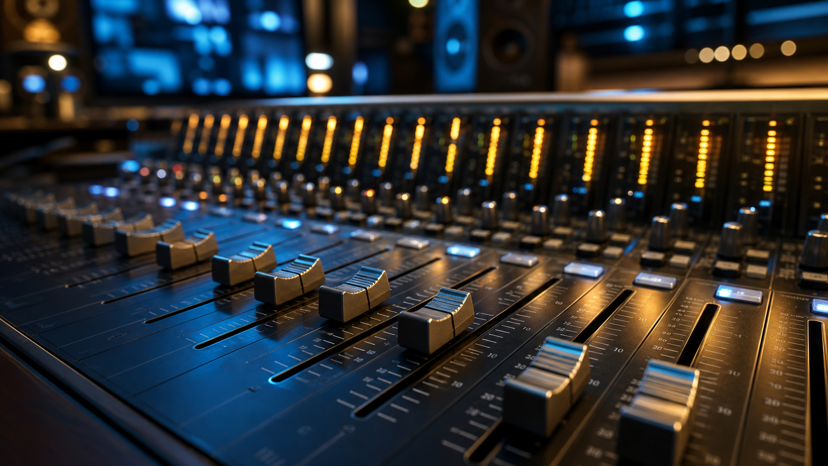 Console de mixage audio avec faders et vumètres du studio Voixoff