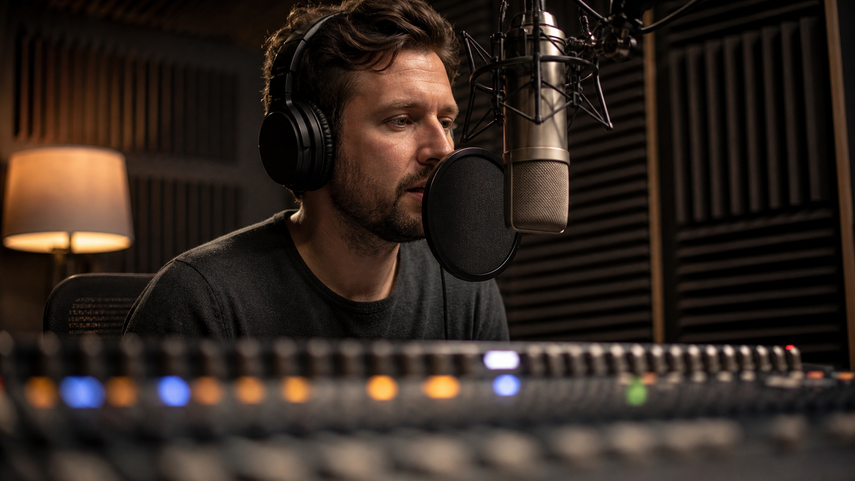 Comédien voix off enregistrant dans la cabine insonorisée du studio Voixoff à Béziers